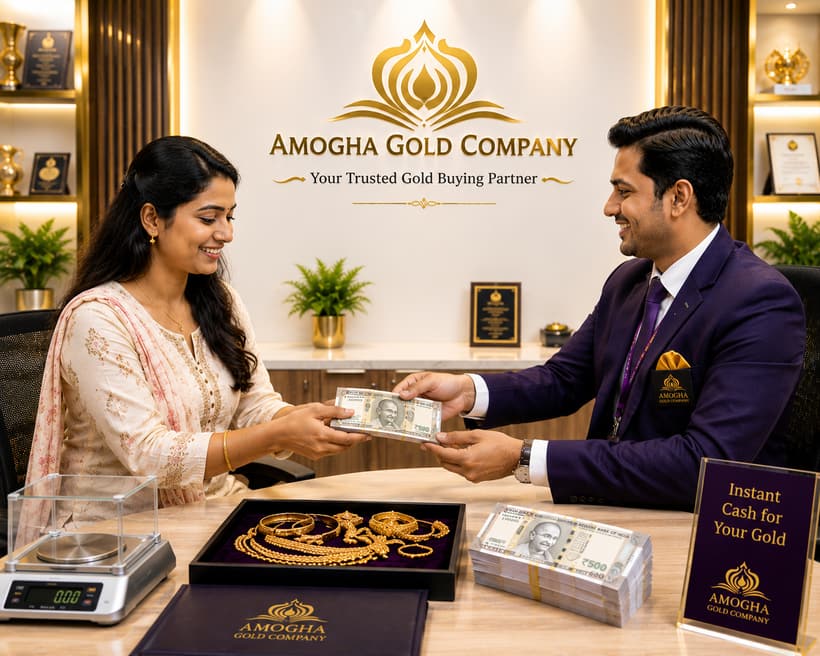 Customer receiving instant cash for gold at Amogha Gold Company, Bengaluru
